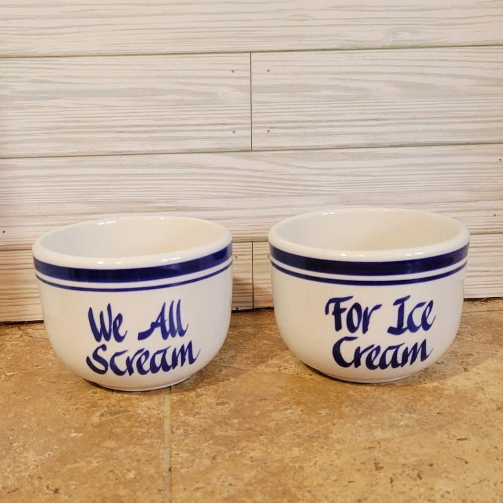 Set of 2 Vtg Clay Design Blue and White Ice Cream Bowls
